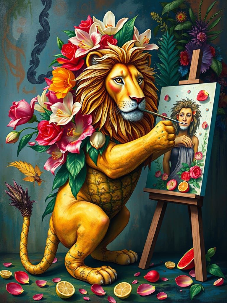 Floral Lion Masterpiece in Vibrant Blooms and Fruits