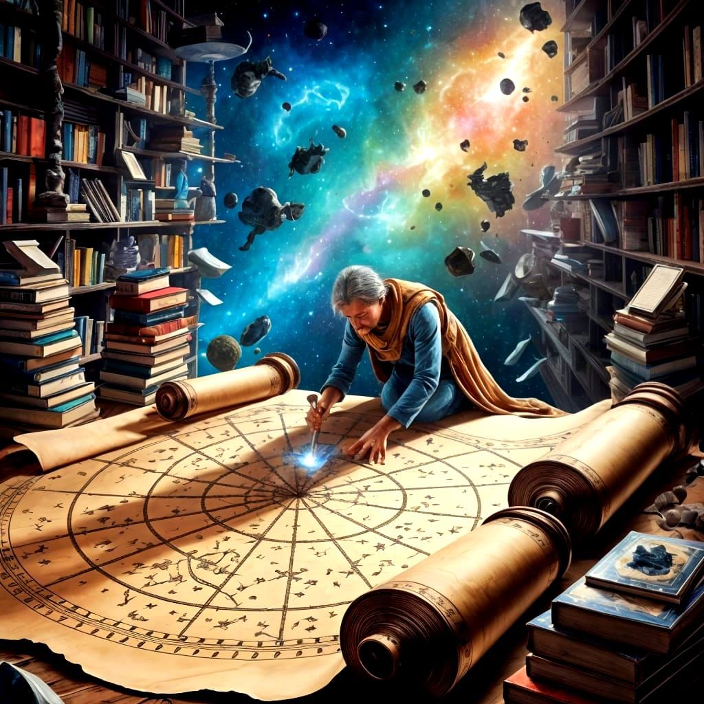 Celestial Mapmaker Charting Constellations in Cosmic Library