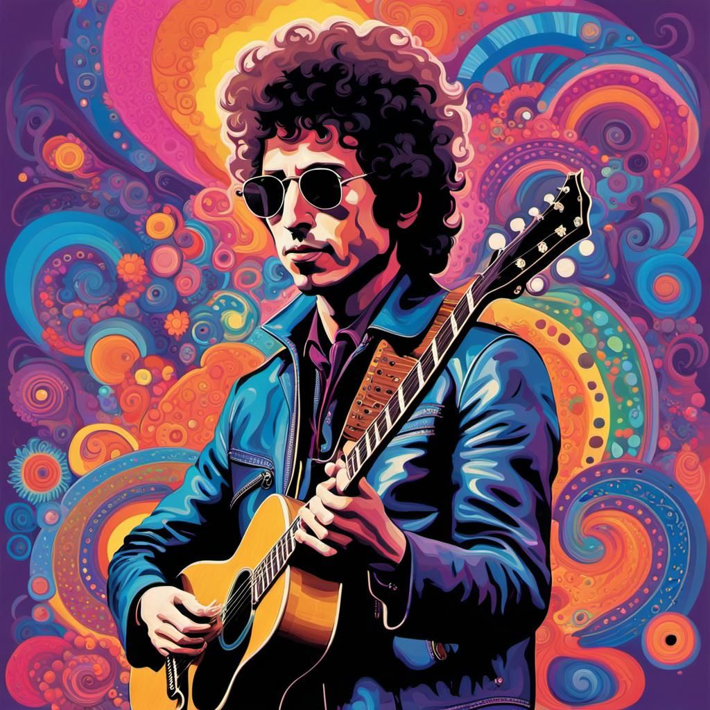 Psychedelic Bob Dylan in Swirling Neon Landscape