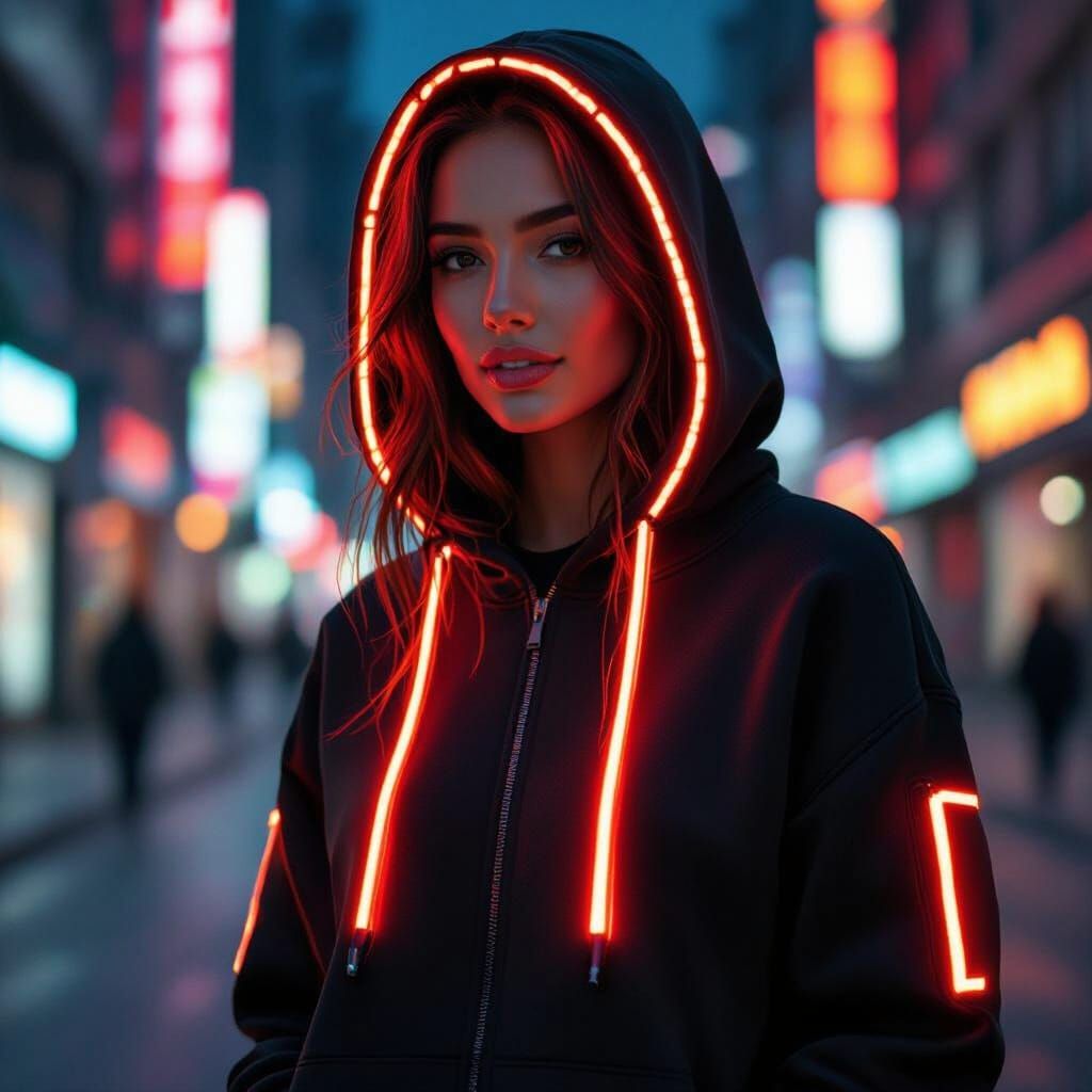 Excited Woman in Cyberpunk LED Hoodie