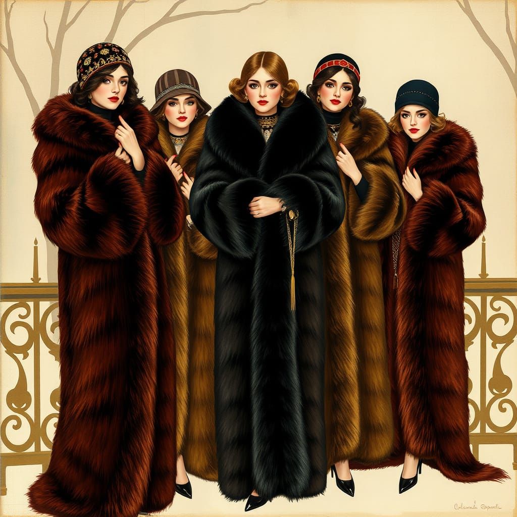 Women in Opulent Furs: A 1920s Fashion Illustration