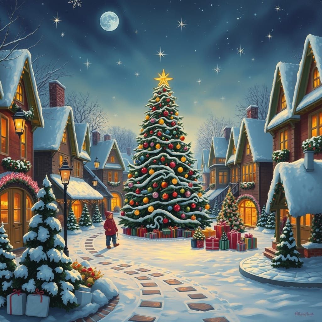 Whimsical Christmas Village at Dusk, in Cozy Realism Style