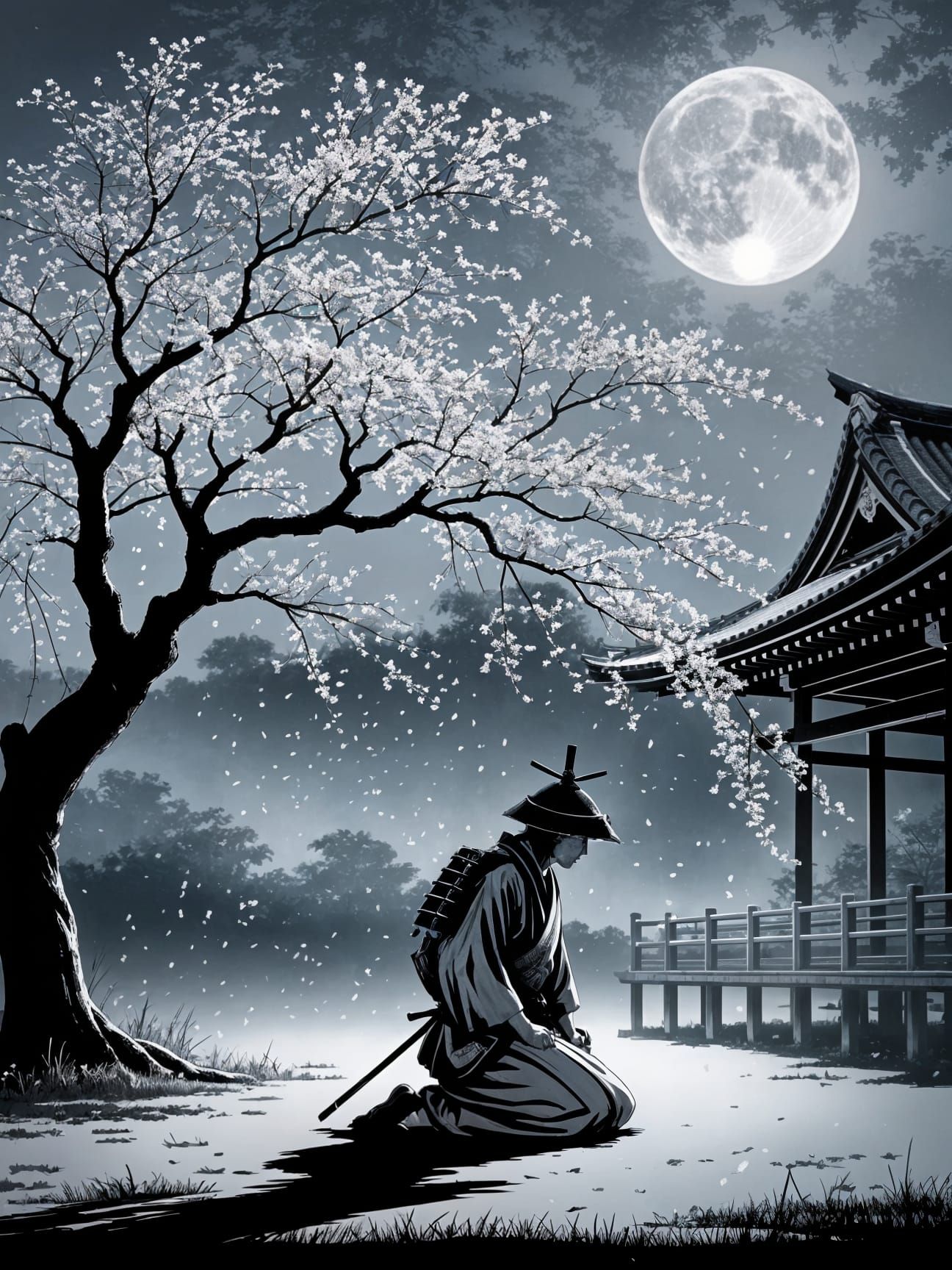 Samurai Kneeling Under Cherry Blossom Tree in Sumi-e Style