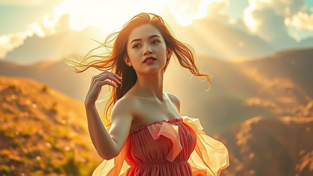 Serene Woman in Dreamy Landscape, Ethereal Painting