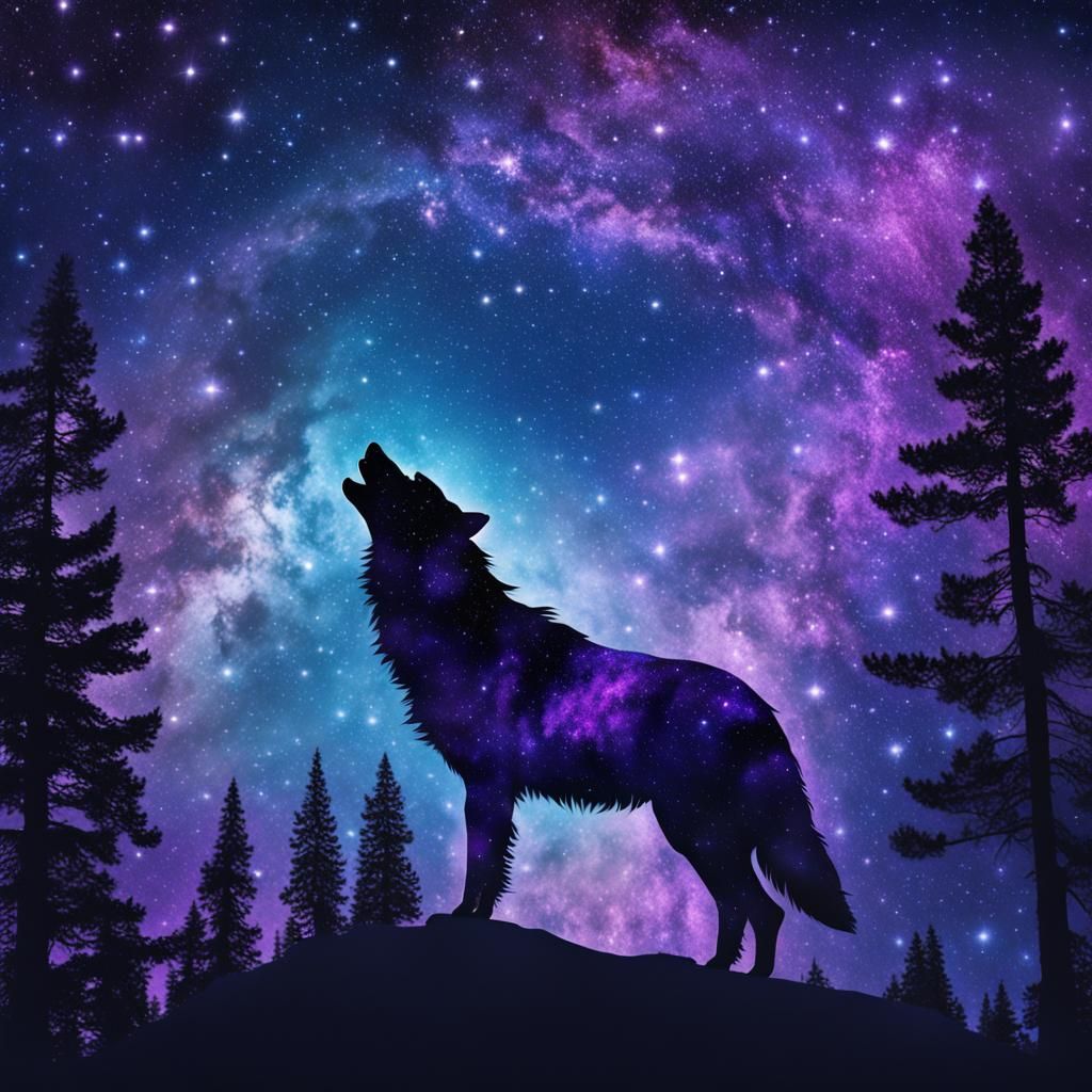 Wolf Silhouette at Starry Galaxy Night
