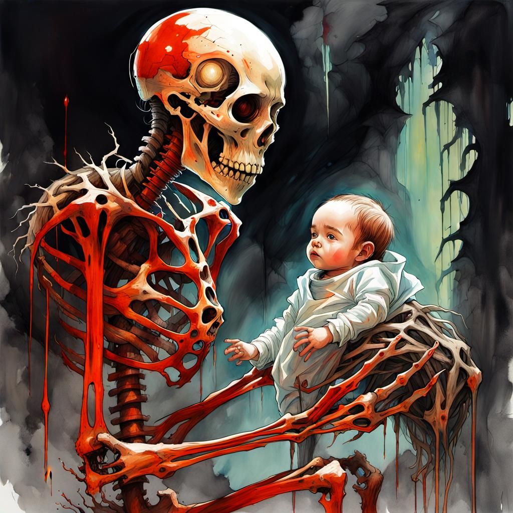 Luminescent Ghost with Skeleton Baby in Watercolor Art