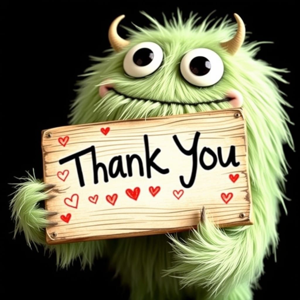 Whimsical Monster with Heartfelt Thank You Sign