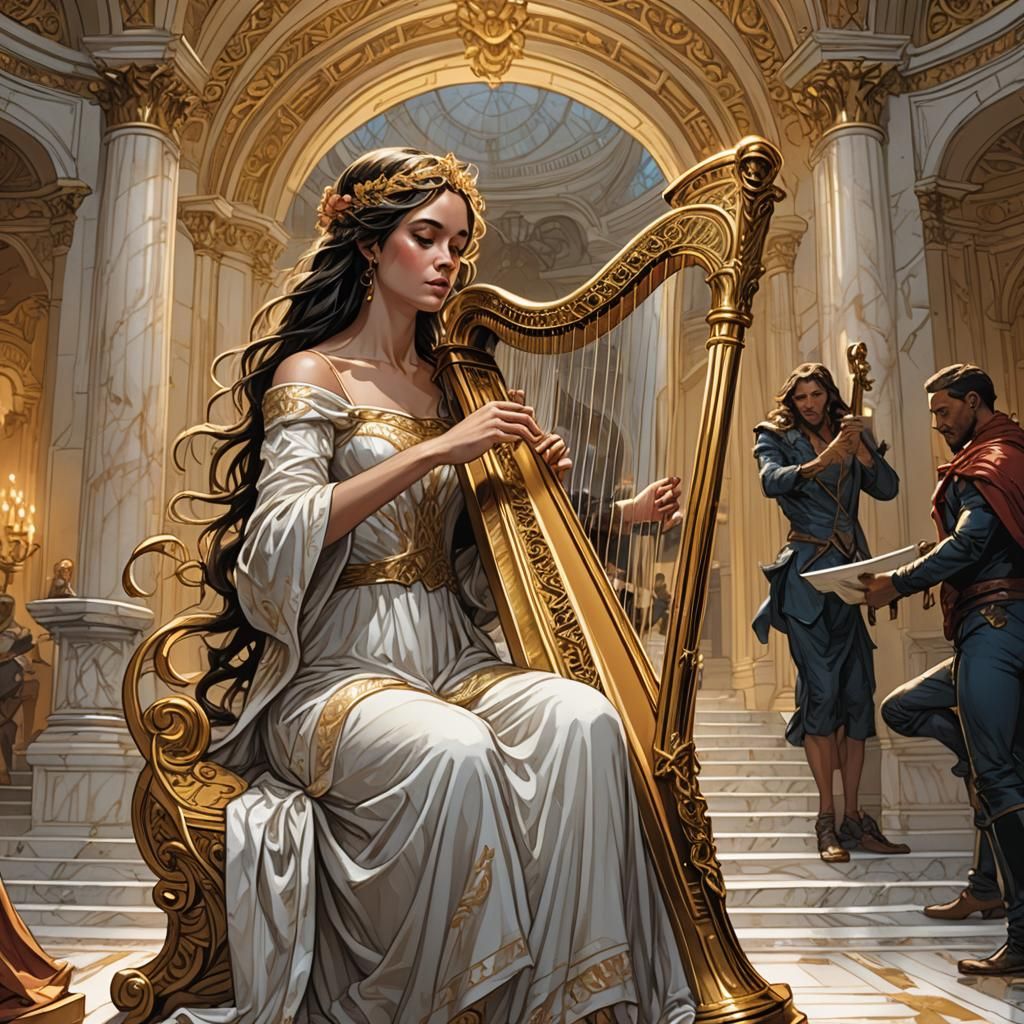 Maiden Plays Harp in Opulent Ballroom