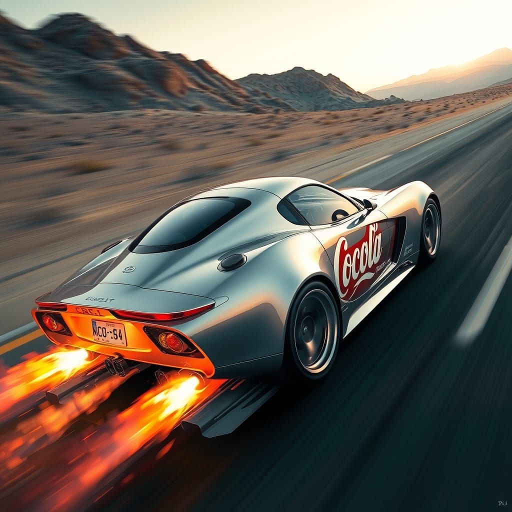 Futuristic Sports Car Speeds Down Desert Highway with Blazin...