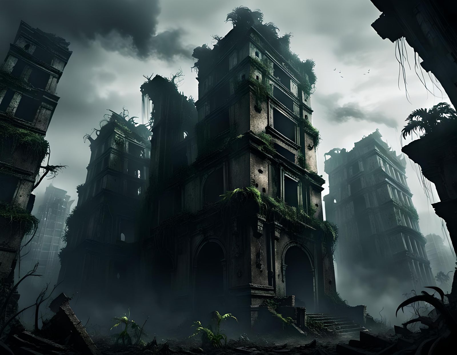 Ruined City Overrun by Jungle, Dark Fantasy Art