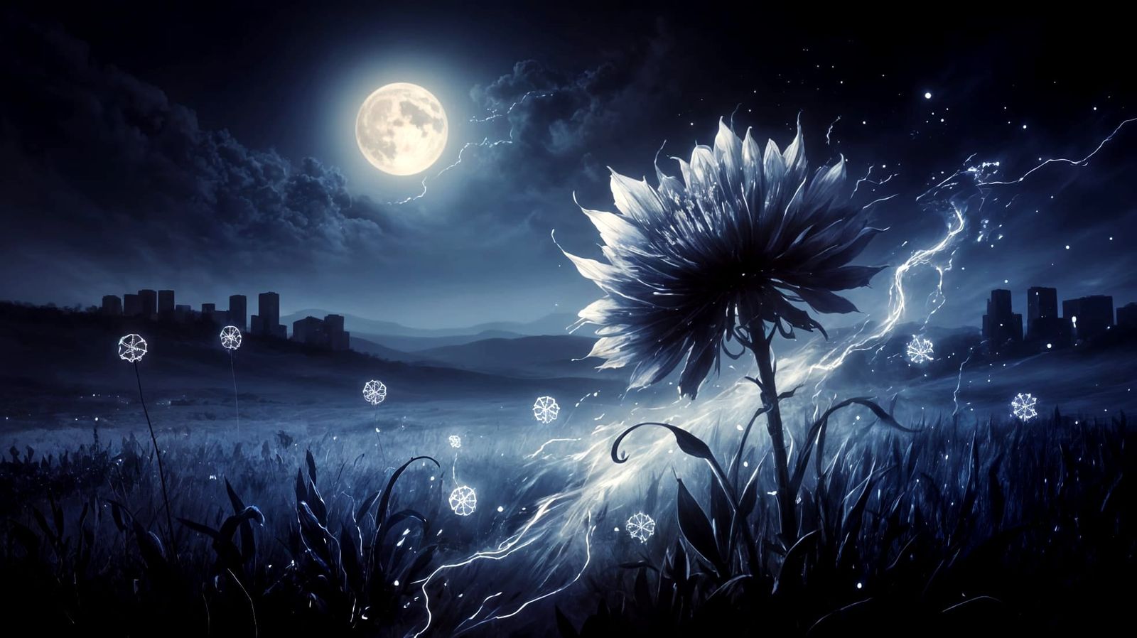 Moonlit Mystique of Ghostly Blooms in Midnight Blue and Silv...