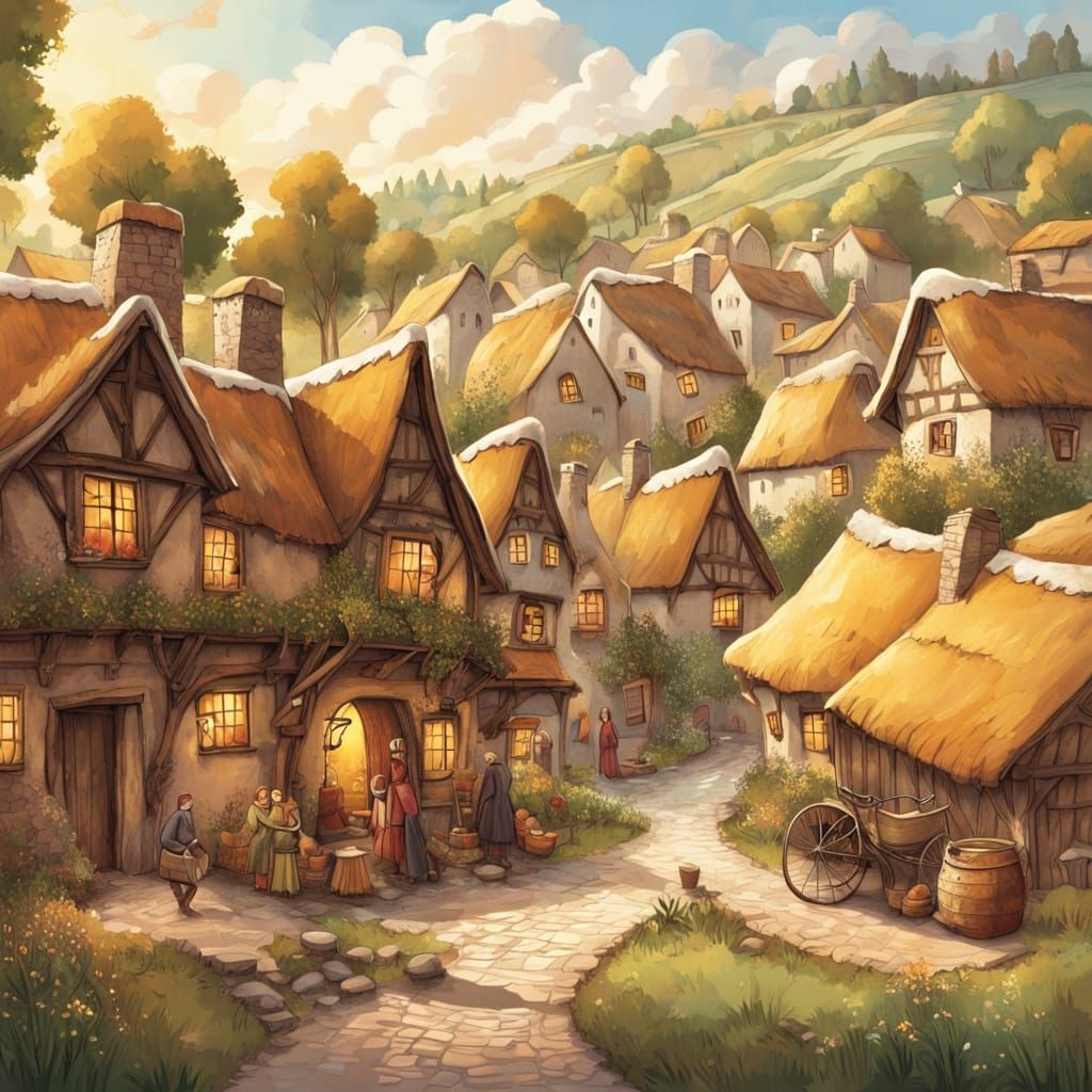 Whimsical Fantasy Village Scene in Earthy Tones