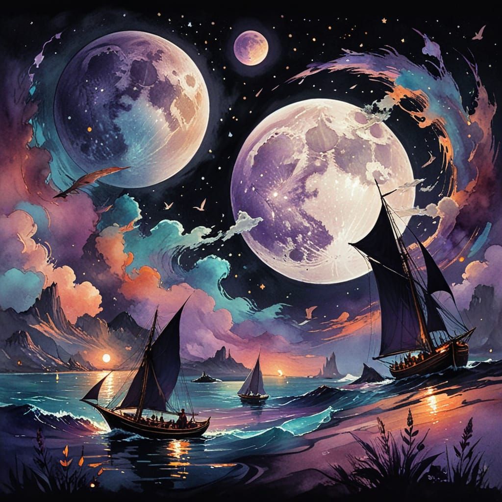 Ethereal Dreamy Sailboats Under Full Moon