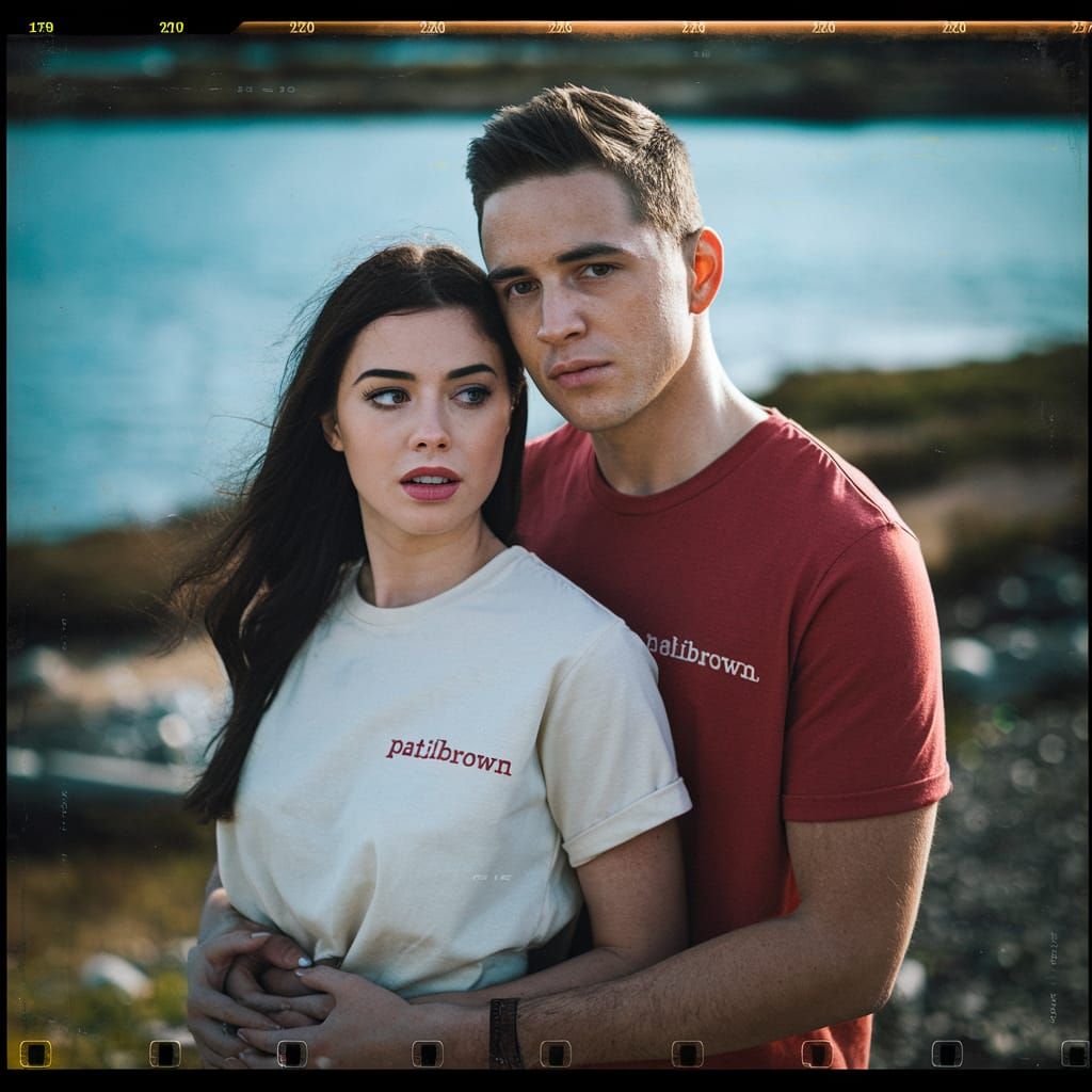 Young Couple in Matching T-Shirts: Cinematic Film Still