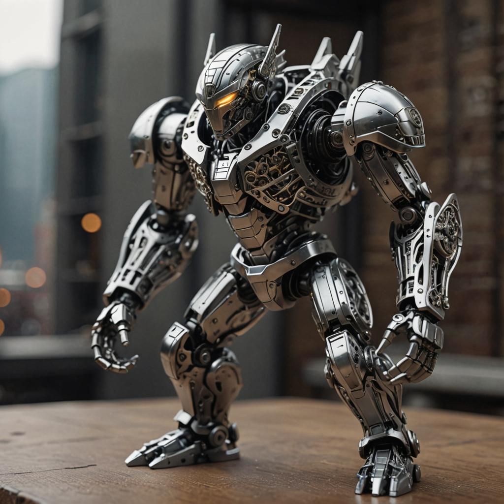 Polished Steel Figure Model Toy in Cinematic Style