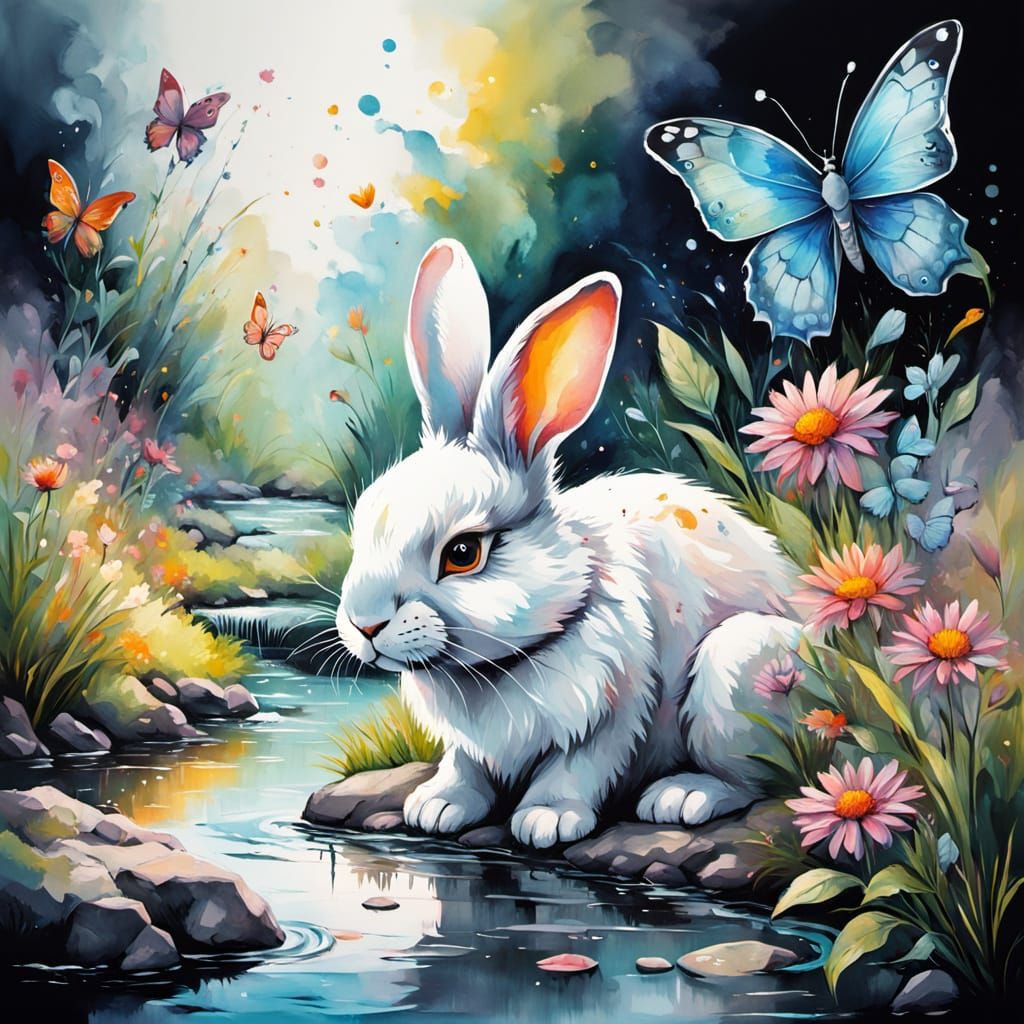 Fluffy Rabbit Beside Stream in Watercolor Style