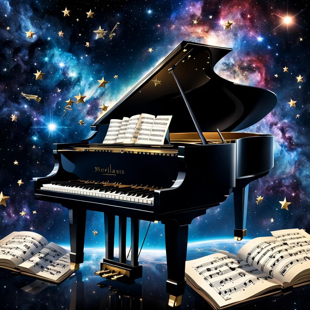 Grand Piano Among Stars in Space
