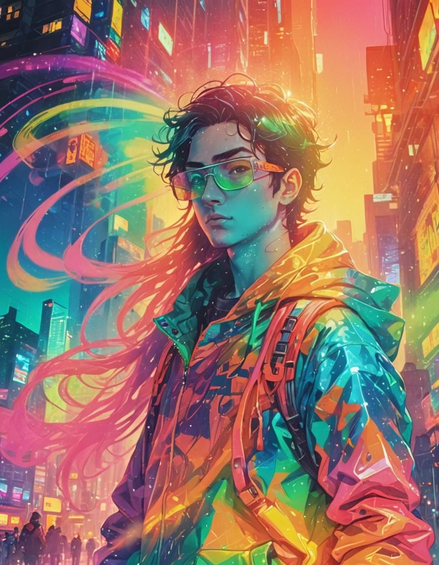 Cyberpunk Bishounen in Neon Cityscape