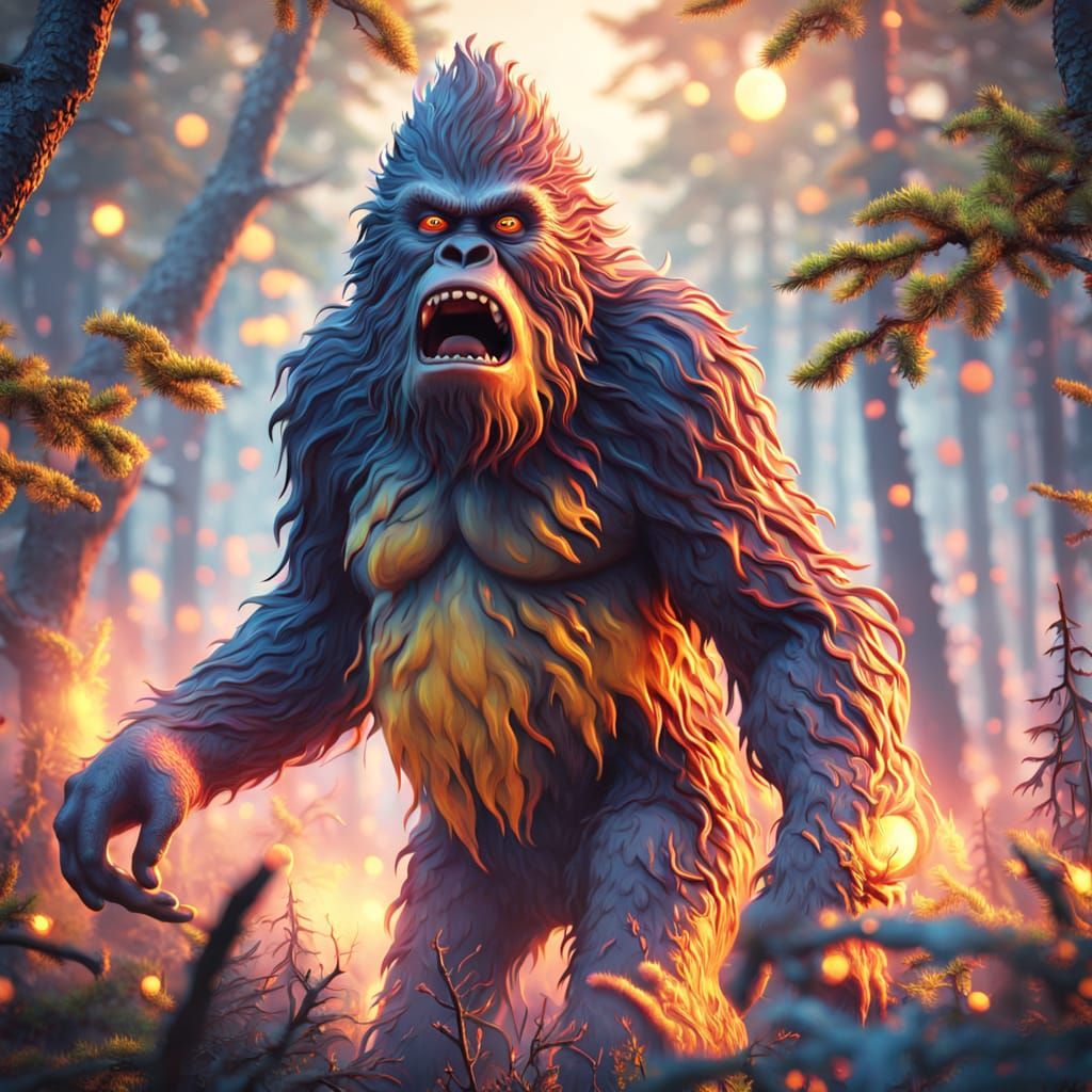 Surreal Bigfoot Screams in Forest as Oil Painting