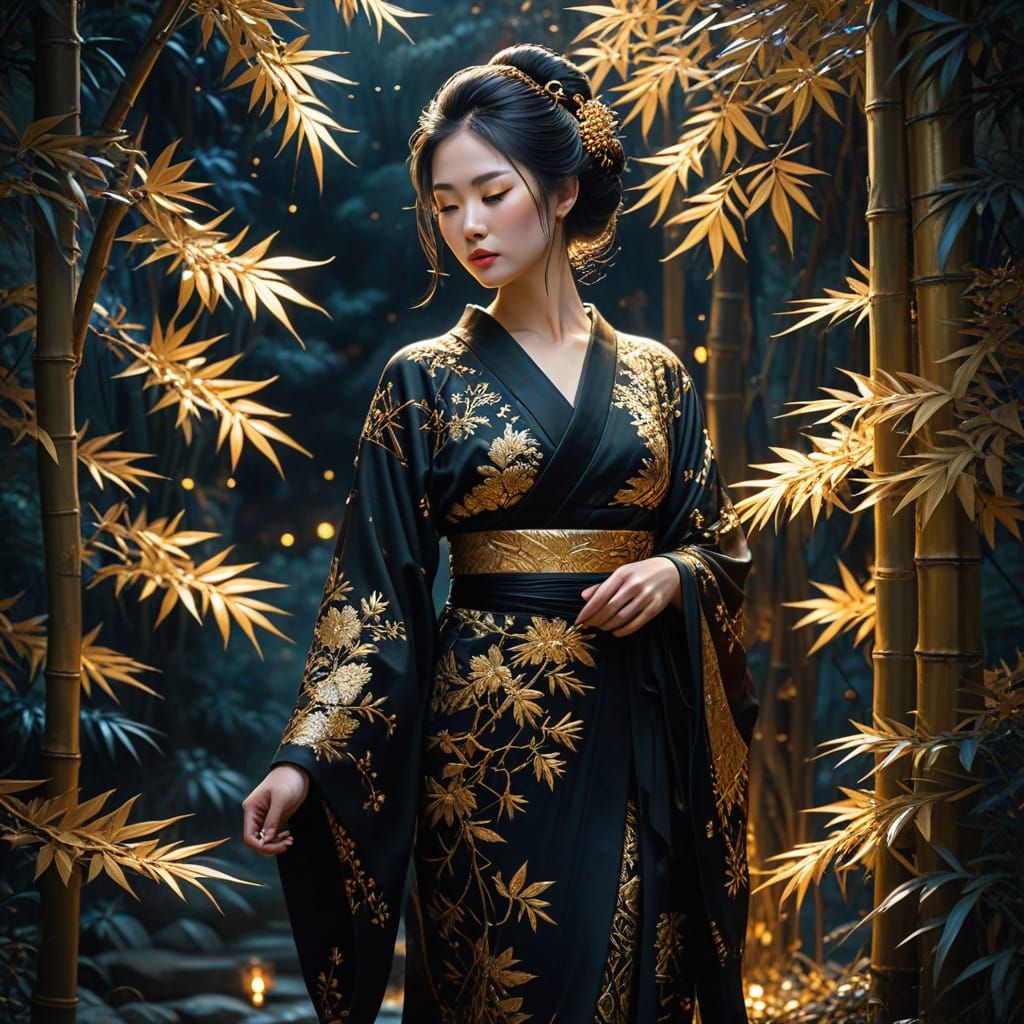 Geisha in Golden Lit Garden, Divine Oil Painting Style