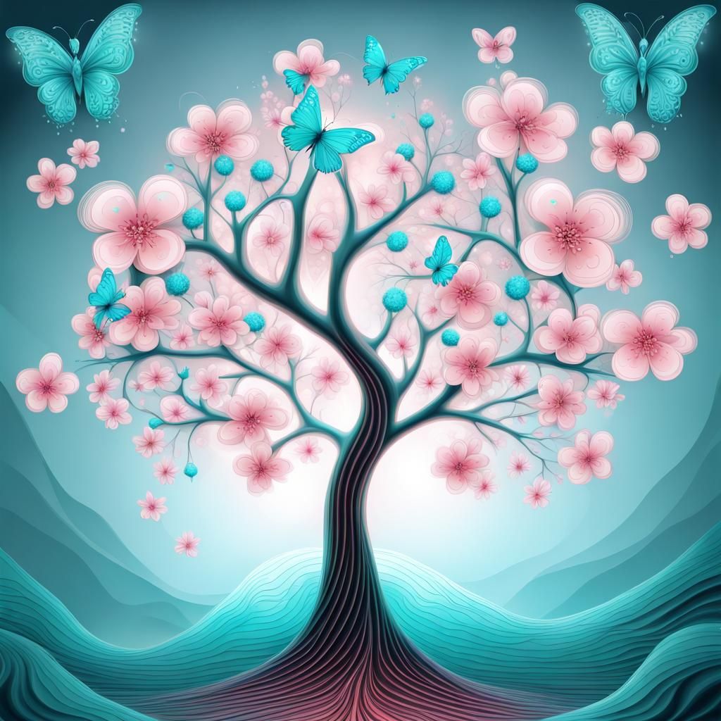 Glowing Cherry Blossom Tree with Butterflies