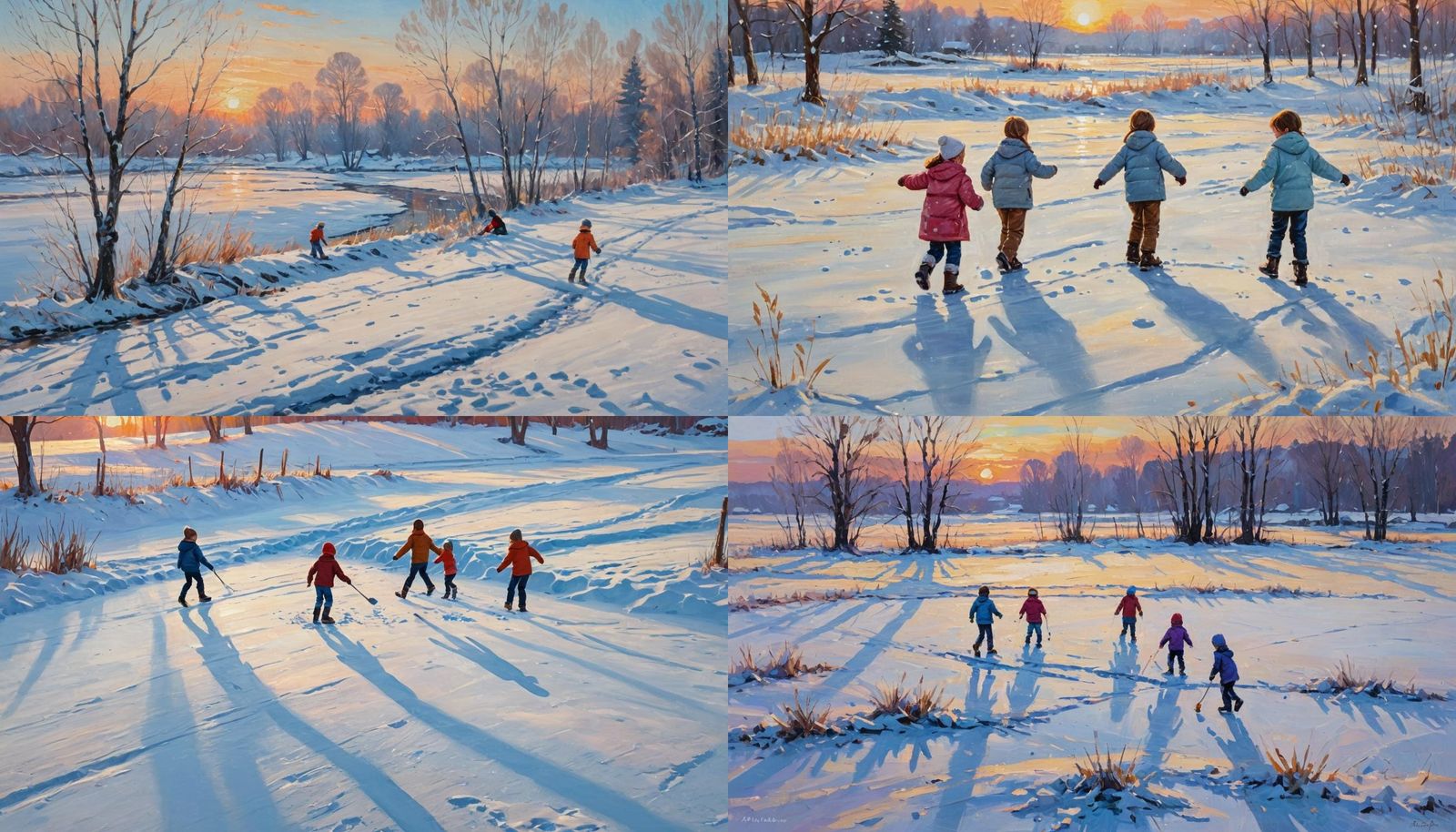 Winter Sunset: Children Playing in the Snow