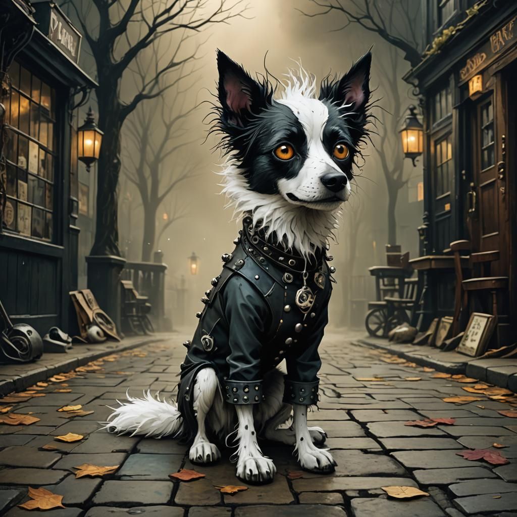 Gothic-Punk Dog in Pub, Burtonesque Style