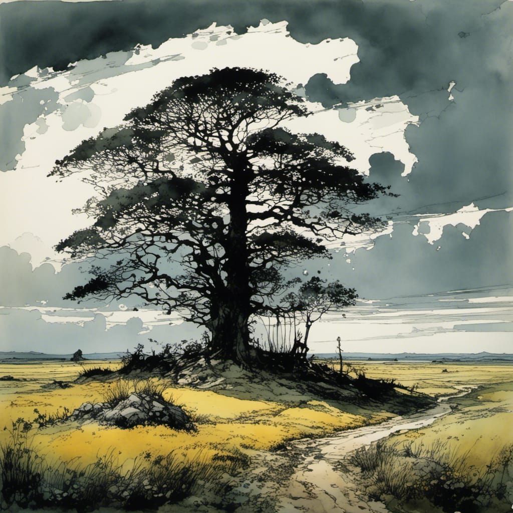 Peaceful Nostalgic Landscape with Watercolor Textures