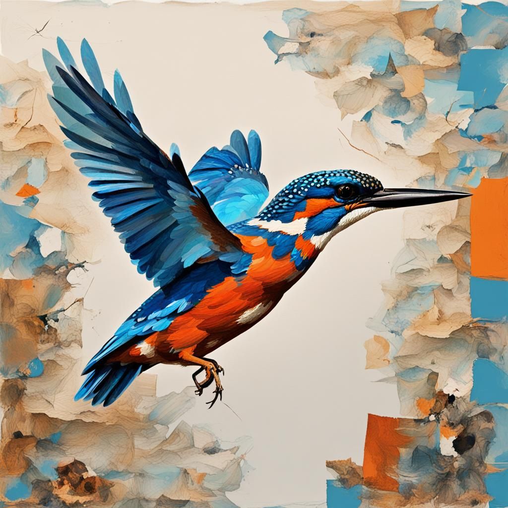 Collaged Blue Kingfisher Bird in Flight