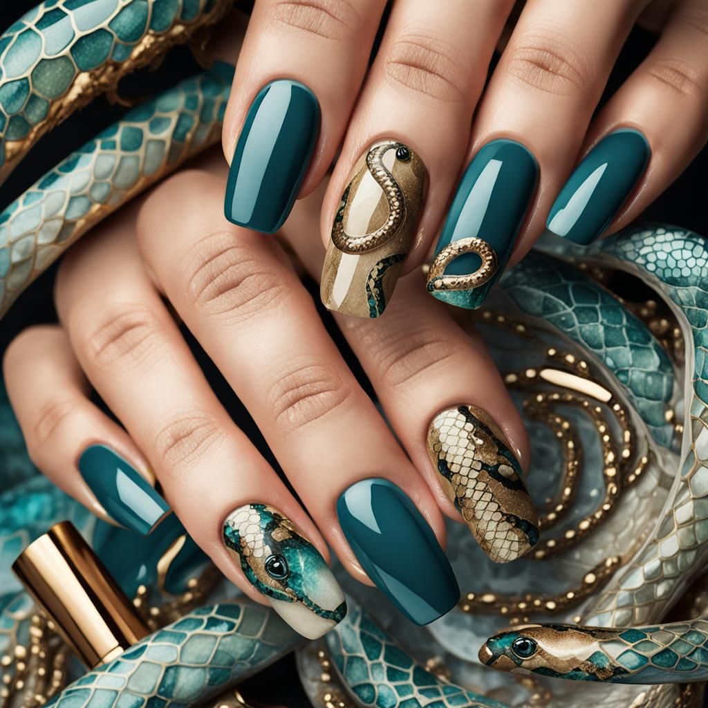 Beige Glitter Snake Nail Art in Watercolor Style