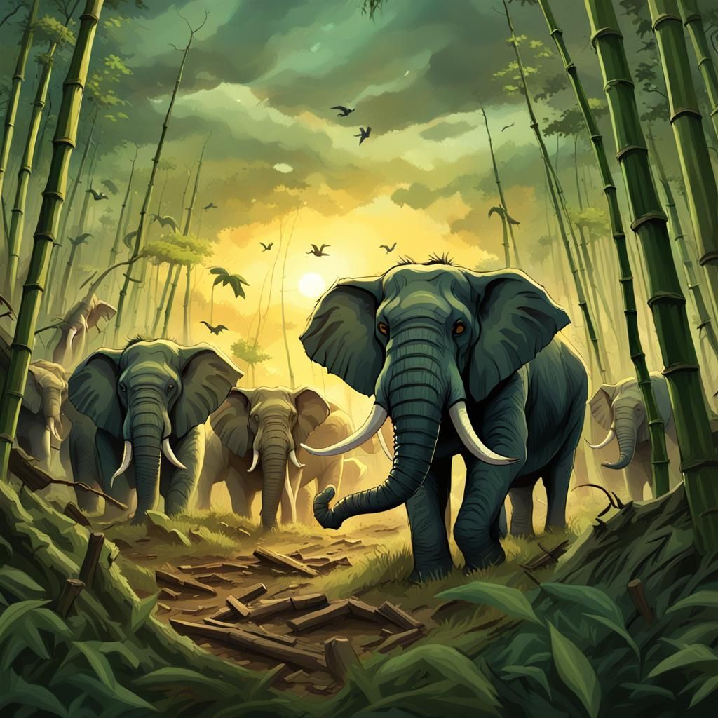 Angry Elephants Stampede Through Ruined Forest in 3D Anime