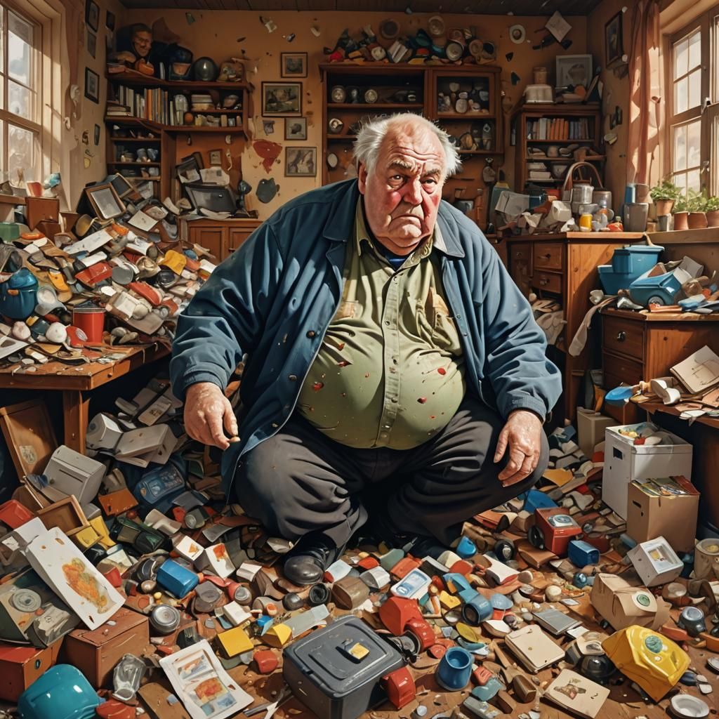Hyperrealistic Old Man in Overcrowded Home