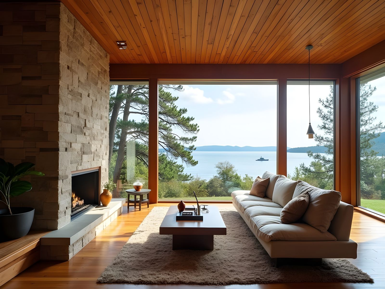Usonian Prairie Style Home Interior with Ocean View