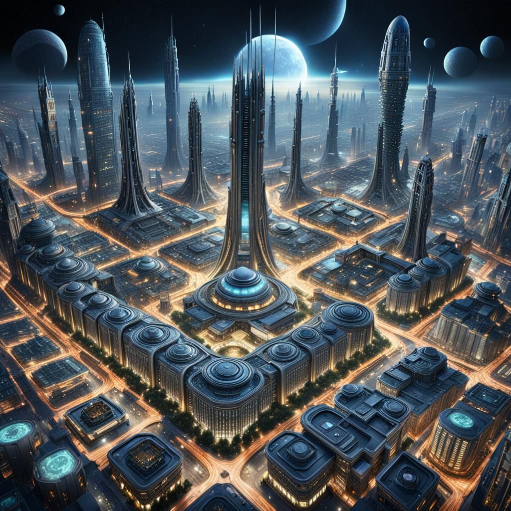 Illuminated Sci-Fi Alien City in Art Nouveau Style