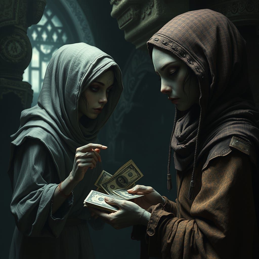 Beautiful Poor Woman Trades with Alien in Dark, Intricate Se...