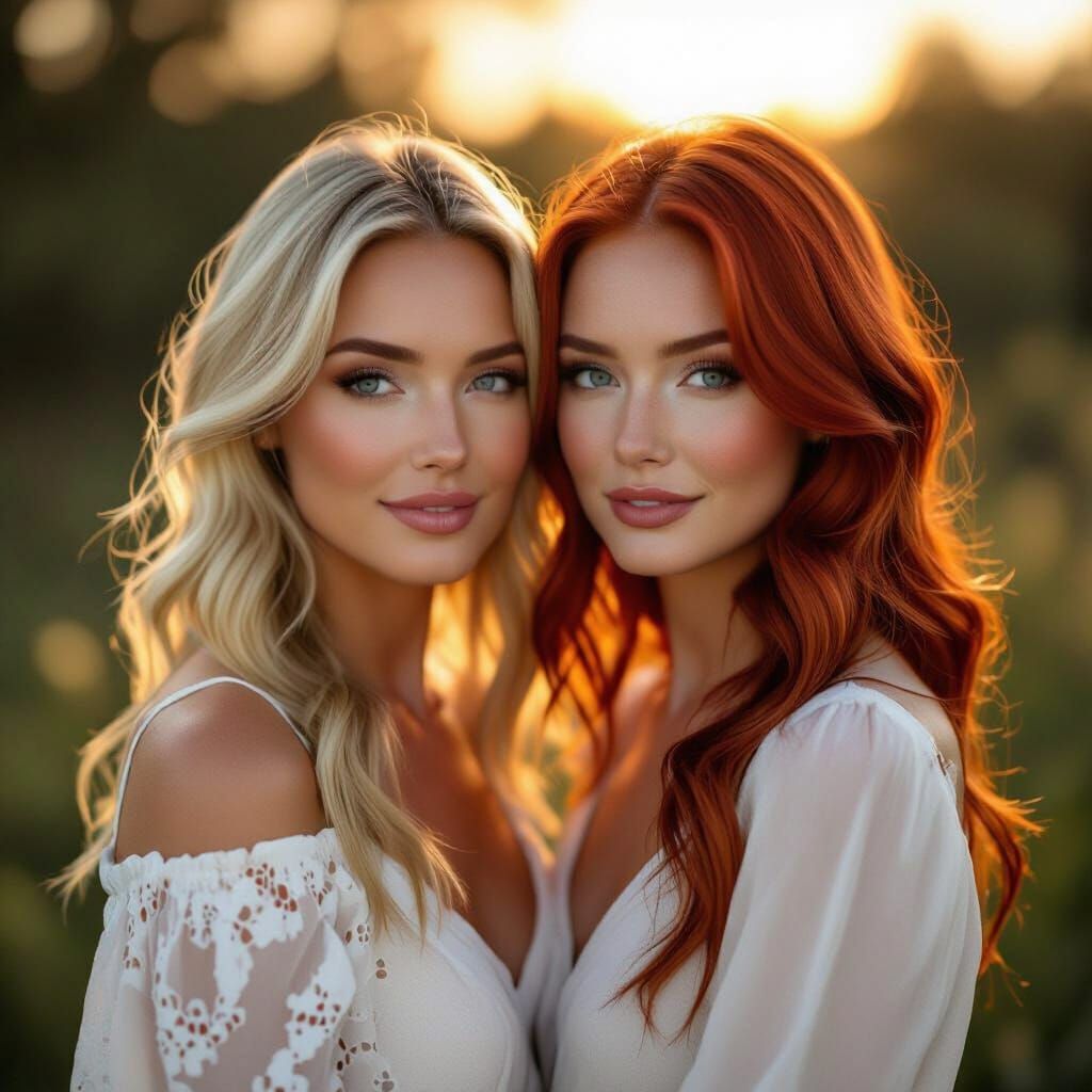 Two Women in Golden Hour Light, Photorealistic
