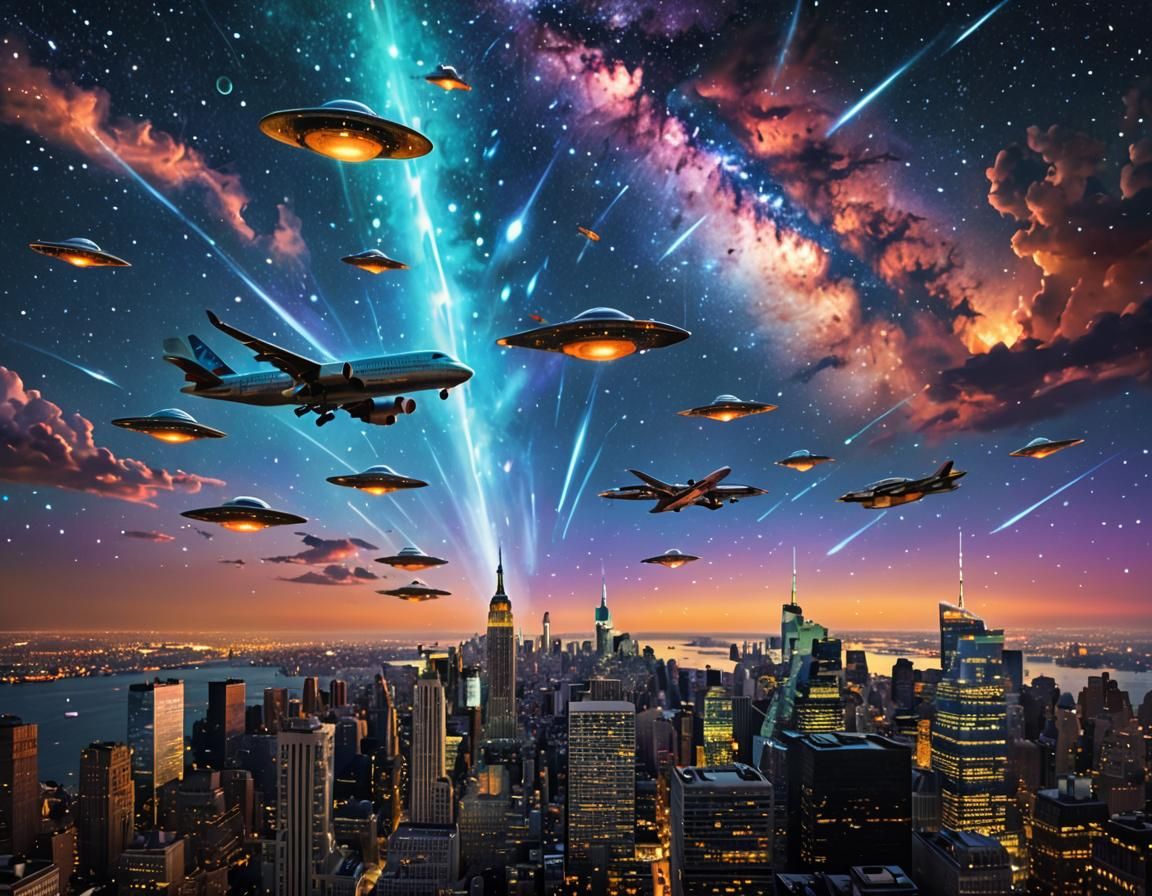 Galactic Skyline of New York with UFOs