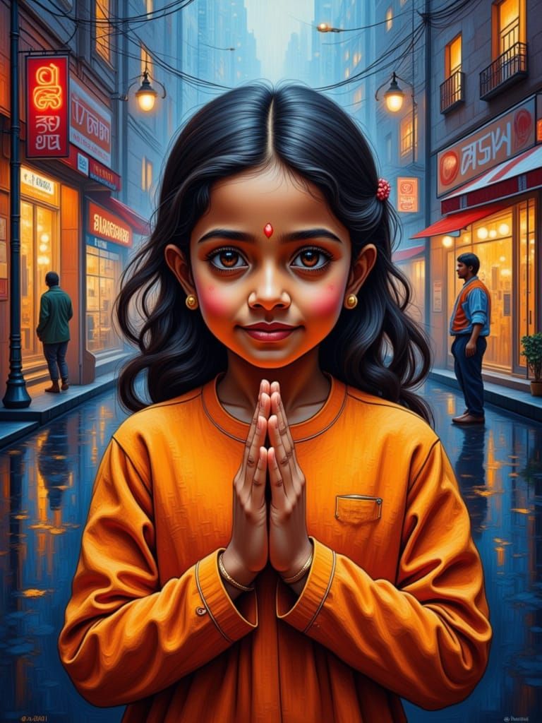 Indian Girl's Hands in Namaste Greeting, Vibrant Cityscape