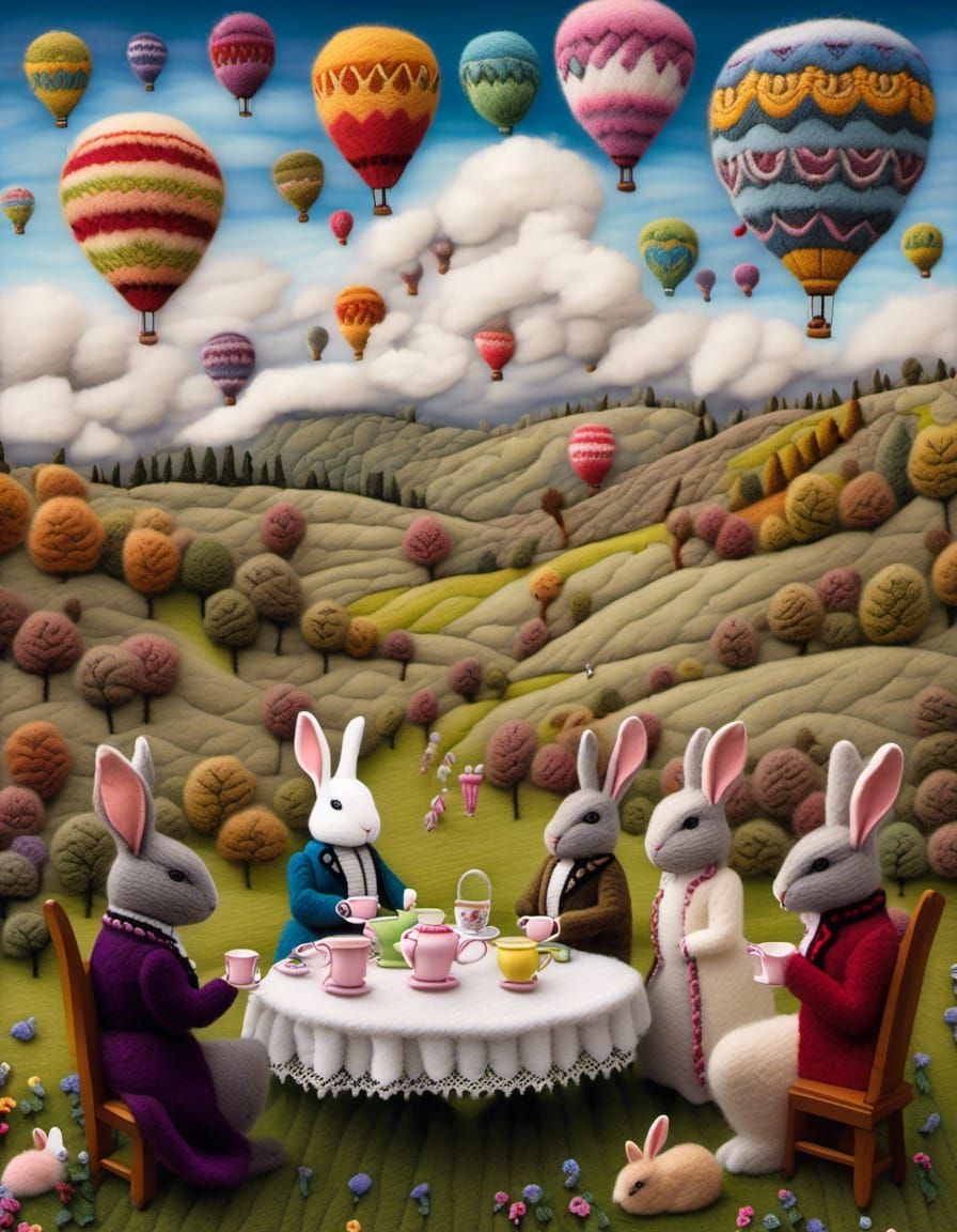 Bunnies' Victorian Tea Party with Hot Air Balloons
