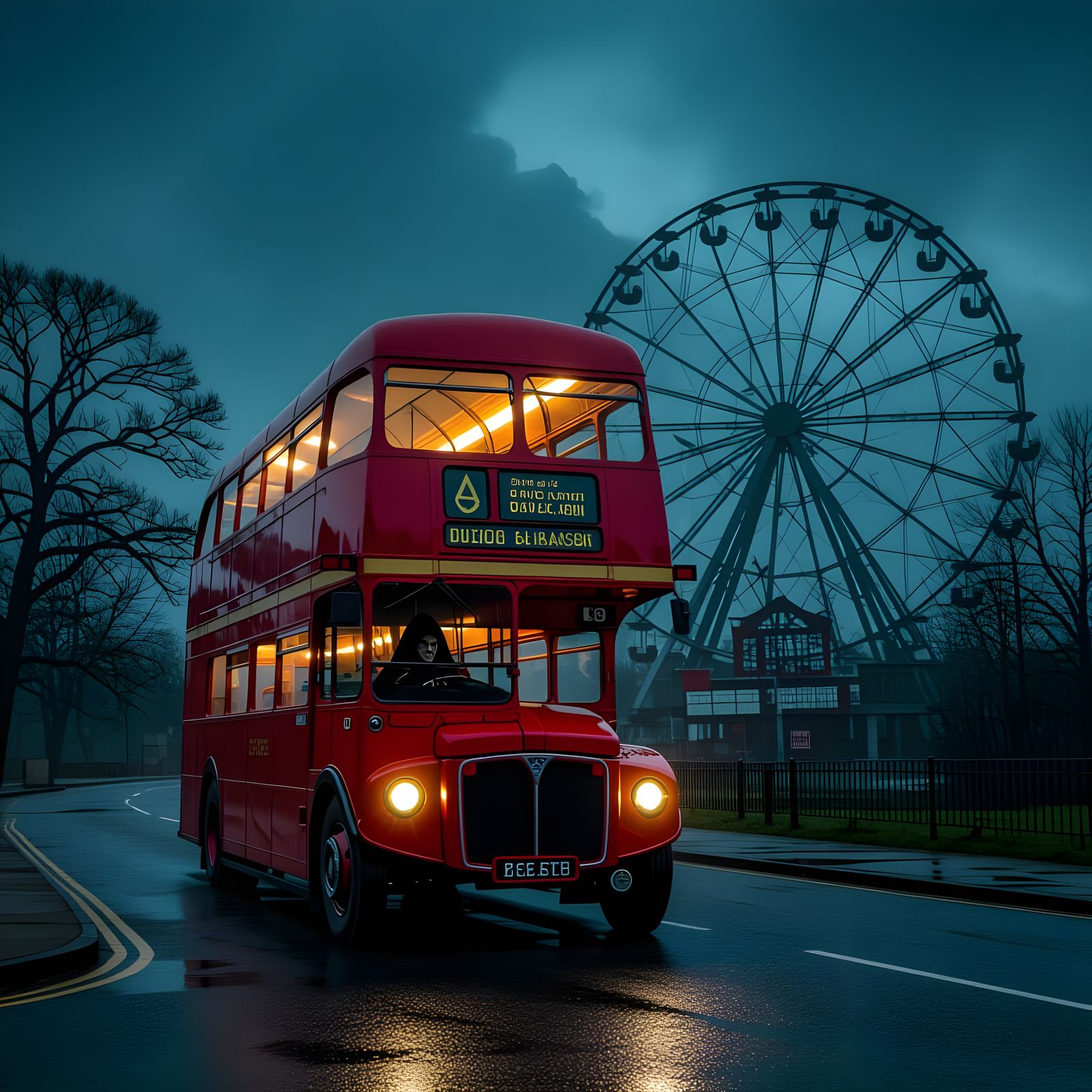 Sinister Monk Drives Empty Bus at Derelict Amusement Park