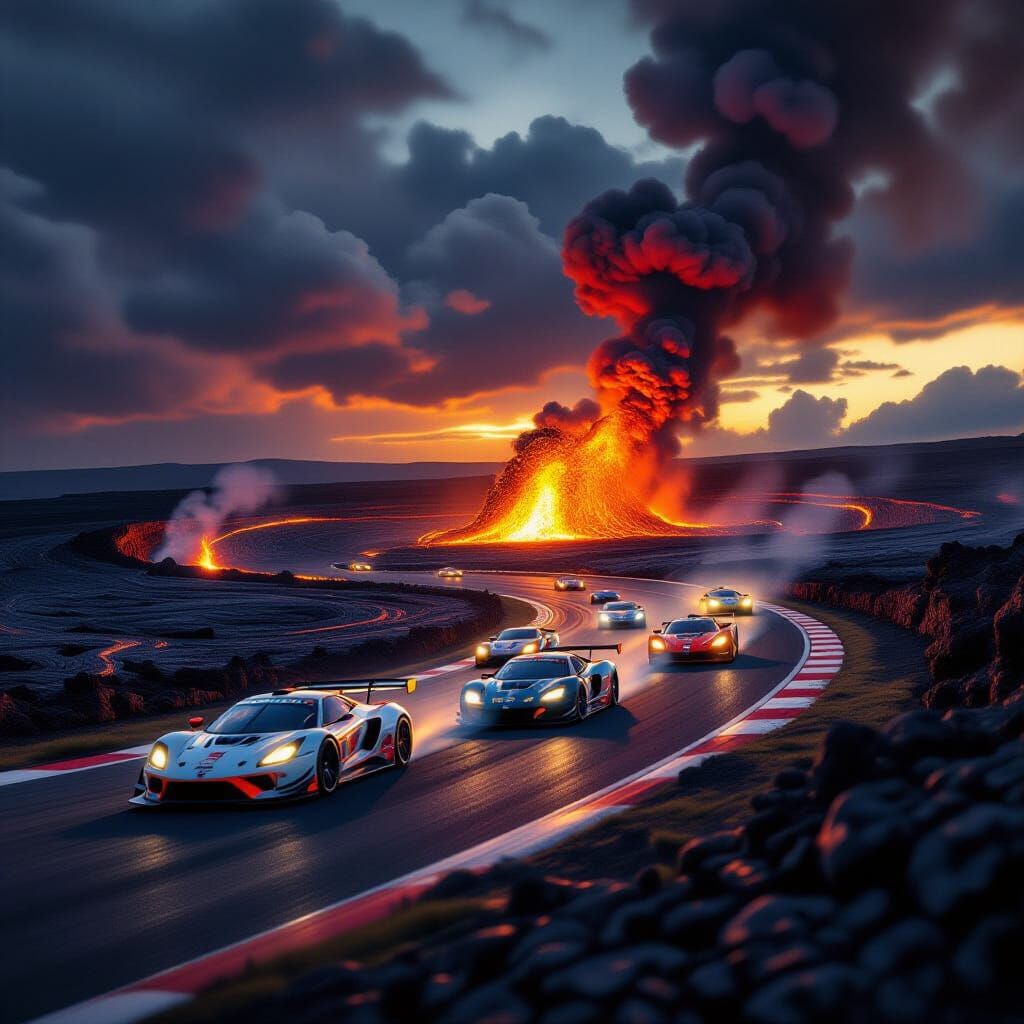 Hyperrealistic Cars Race Volcano During Lava Eruption