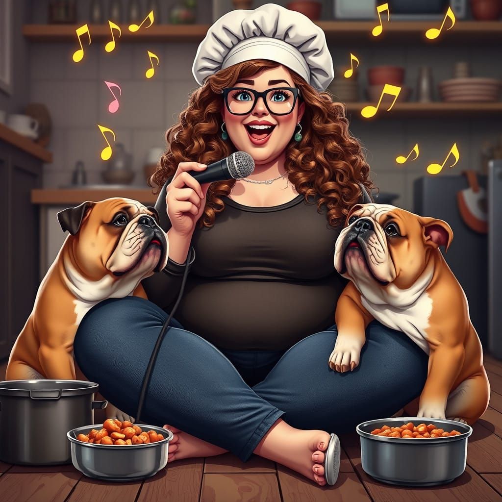 A very fat, plump and beautiful woman with big blue eyes and glasses sits on the floor with an iron spoon in her hand an...