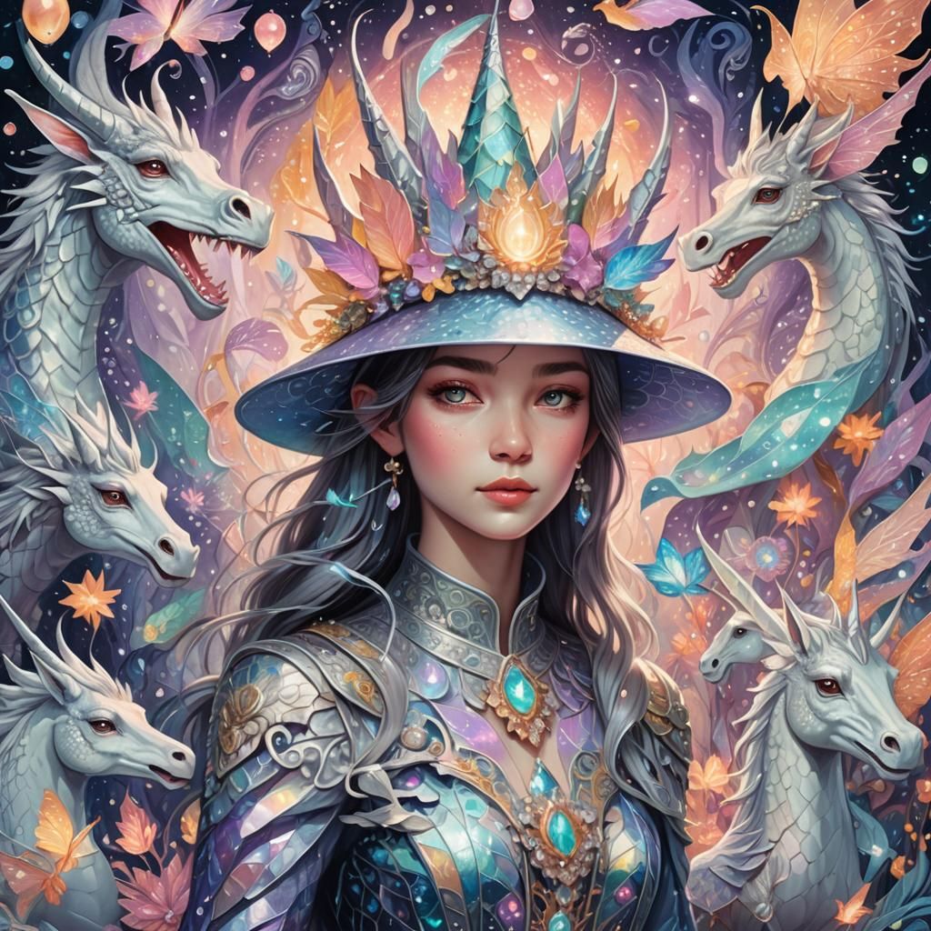 Magical Hat with Dragon and Unicorns in Fantasy Art