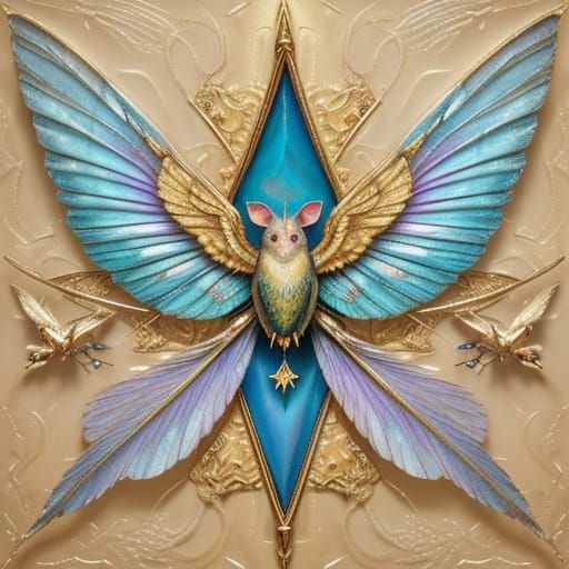 Flying Mice with Iridescent Wings in Collage Style