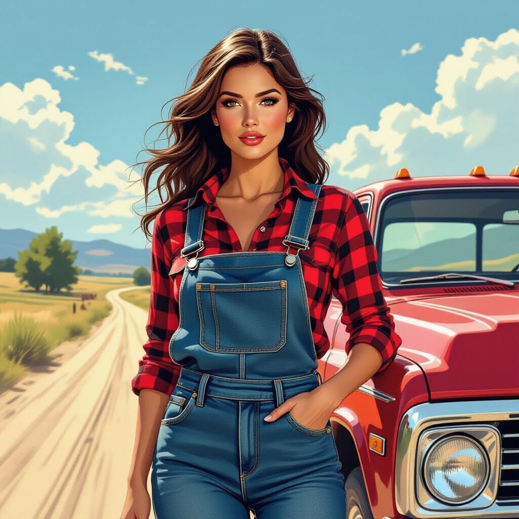 Beautiful Woman Drives Pickup Truck in Comic Book Style