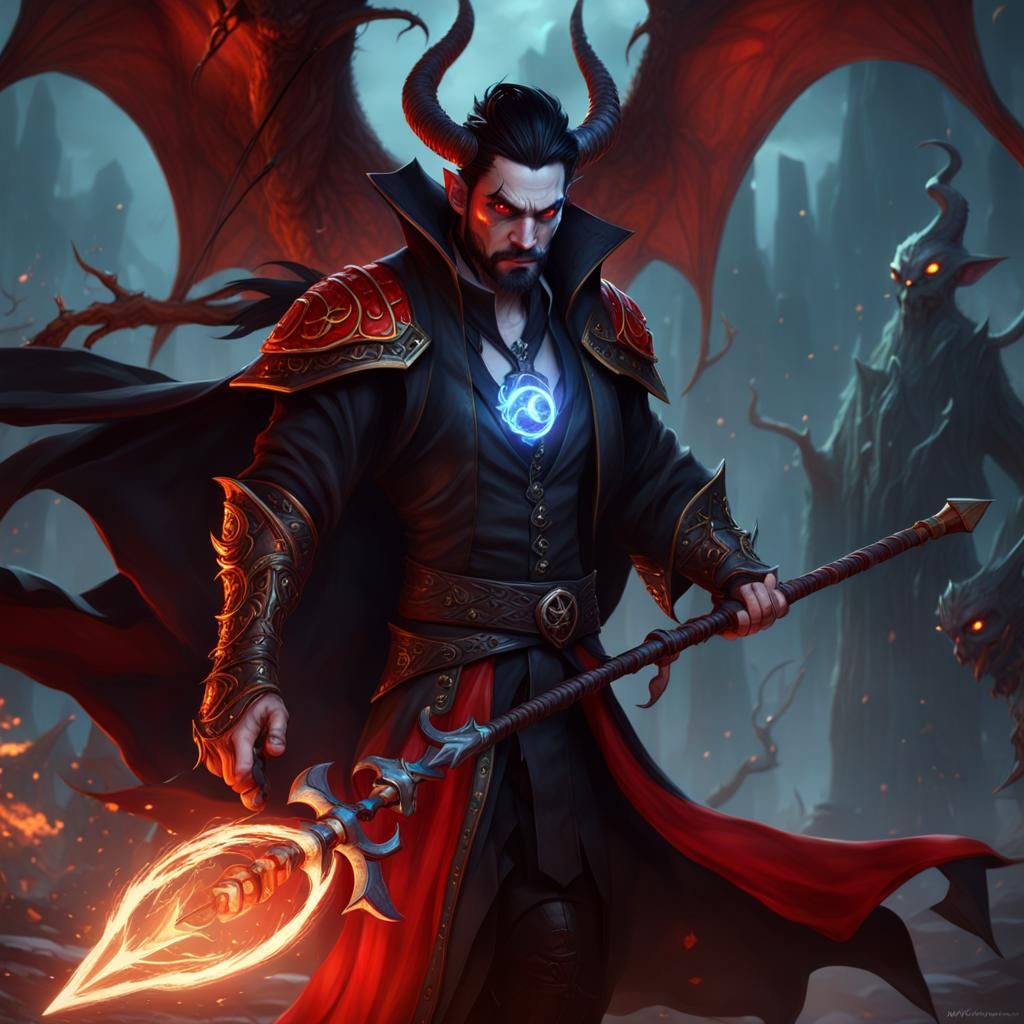 Red Warlock with Imp Pet in Detailed Matte Painting