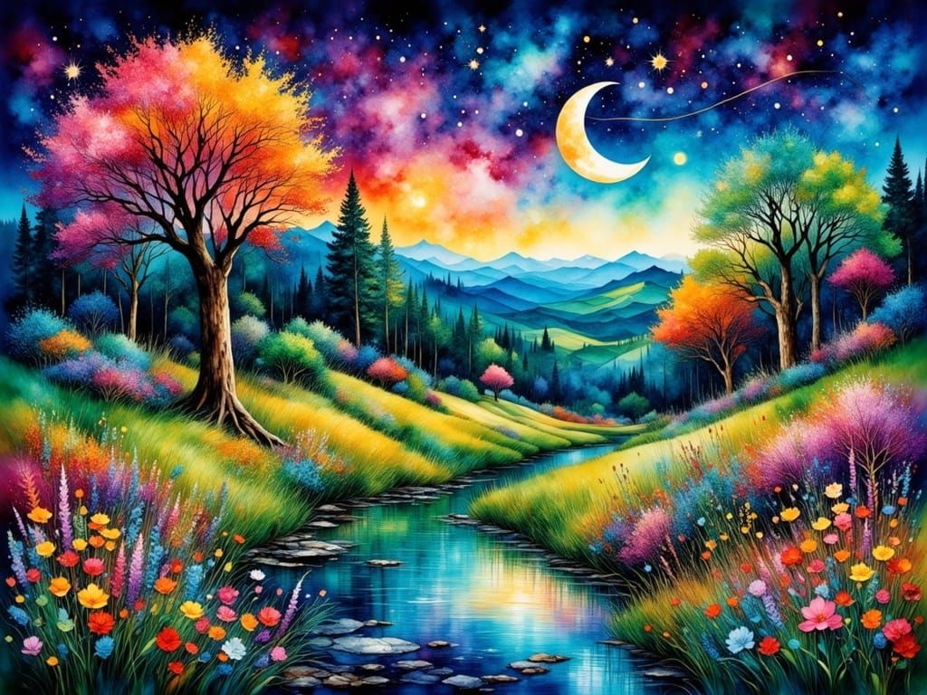 Magical Spring Garden Under Moonlight