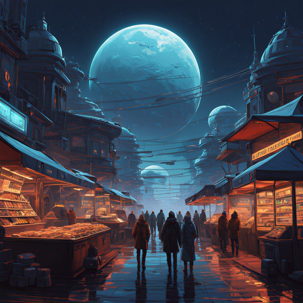 Bustling Marketplace on Europa in Cyberpunk Style