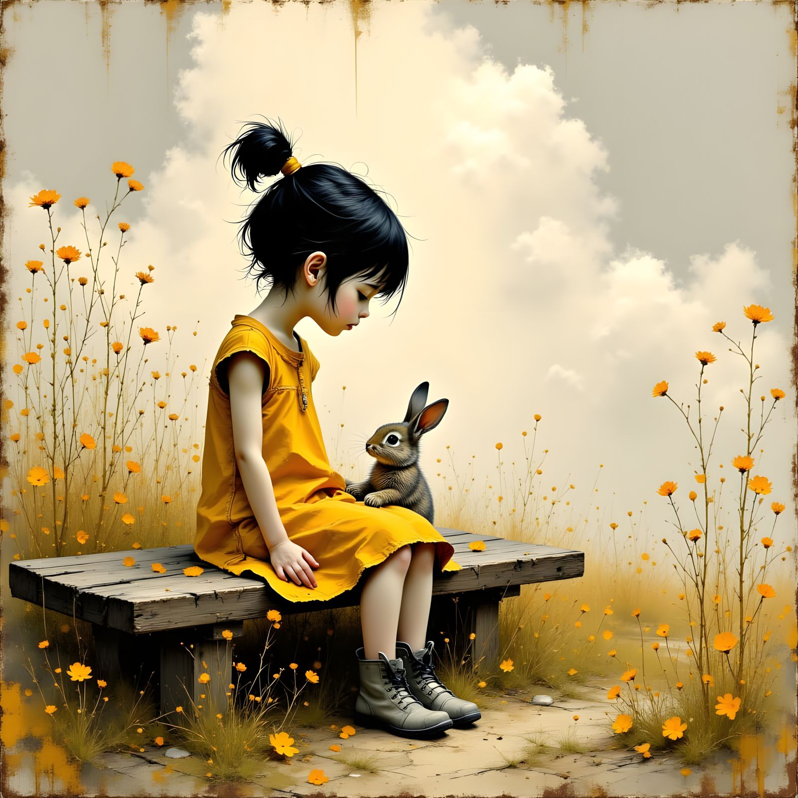 Girl with Rabbit in Impressionist Autumn Landscape