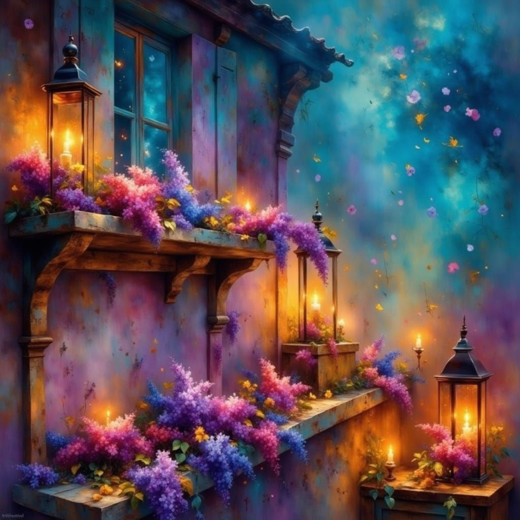 Blossoming Summer Scene with Vibrant Flowers and Lanterns